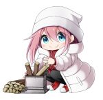  1girl beanie black_pants blue_eyes blush chibi closed_mouth collared_shirt down_jacket dress_shirt eyes_visible_through_hair firewood full_body hair_between_eyes hat jacket kagamihara_nadeshiko kuena long_sleeves open_clothes open_jacket pants pink_hair puffy_long_sleeves puffy_sleeves red_footwear red_shirt shirt shoes simple_background smile solo squatting white_background white_hat white_jacket yurucamp 