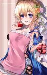  1girl 40_(0f0urw) :d absurdres apron bangs blonde_hair blue_cape blue_eyes blue_ribbon blush box breasts cape chocolate chocolate_on_breasts chocolate_on_face chocolate_on_fingers commentary_request dress europa_(granblue_fantasy) eyebrows_visible_through_hair flower food food_on_face gift gift_box granblue_fantasy hair_between_eyes hair_flower hair_ornament heart heart-shaped_box highres holding holding_gift holding_heart looking_at_viewer medium_breasts medium_hair open_mouth orange_flower orange_rose pink_apron pink_flower pink_rose ribbon rose sitting smile solo tiara white_dress 