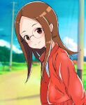  1girl bespectacled blue_sky blurry blurry_background brown_eyes brown_hair closed_mouth commentary_request day dirt_road forehead glasses highres jacket karakai_jouzu_no_takagi-san long_hair long_sleeves looking_at_viewer open_clothes open_jacket outdoors pocket power_lines red_jacket road round_eyewear shirt signature sky smile solo takagi-san upper_body utility_pole white_shirt yofukashi_(mintear5) 