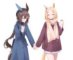  2girls admire_vega_(umamusume) alternate_costume animal_ears bag beret black_bag blonde_hair blue_coat brown_hair buttons casual coat commentary crepe double-breasted ear_covers facing_viewer food hair_between_eyes handbag hat highres holding holding_food holding_hands horse_ears horse_girl horse_tail katuko_deluxe multiple_girls narita_top_road_(umamusume) purple_coat purple_eyes scarf short_hair simple_background single_ear_cover skirt smile tail umamusume white_background white_scarf white_skirt 