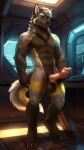  abs animal_genitalia animal_penis anthro balls bodily_fluids canid canine canine_genitalia canine_penis canis claws fur genital_fluids genitals hi_res knot looking_at_viewer male mammal muscular muscular_anthro muscular_male nude pecs penis plaguedmedic precum smile solo standing toe_claws wolf 
