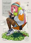  1girl arakawa_(iru_and_ruka) bangs blue_eyes camping_chair chopsticks clothes) cup_ramen eating english_text eyebrows_visible_through_hair food gloves grass hair_ribbon highres jacket kagamihara_nadeshiko leggings long_hair looking_at_viewer map multicolored multicolored_clothes multicolored_legwear mushroom pantyhose pinecone pink_hair purple_eyes ribbon shoes signature sitting sneakers solo stamp striped striped_clothes striped_legwear tongue tongue_out white_footwear white_jacket woollen_cap yurucamp 