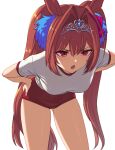  1girl animal_ears bangs bare_legs bent_over breasts daiwa_scarlet_(umamusume) eyebrows_visible_through_hair hair_intakes hair_ornament hands_on_hips horse_ears horse_girl horse_tail large_breasts long_hair open_mouth red_eyes red_shorts shirt short_shorts short_sleeves shorts simple_background solo standing sungwon tail tiara twintails umamusume white_background white_shirt 