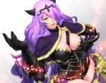  1girl armor artist_name between_breasts black_armor black_panties blurry breasts camilla_(fire_emblem) capelet cleavage commentary_request fake_horns fire_emblem fire_emblem_fates gauntlets gradient gradient_background hair_ornament hair_over_one_eye hand_on_hip hand_up highres horns jewelry large_breasts lips long_hair long_sleeves looking_at_viewer panties parted_lips purple_hair red_eyes shiny shiny_hair shiny_skin shoulder_pads signature simple_background smile solo tiara tombsakura underwear 