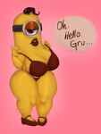  1_eye big_breasts breasts clothed clothing despicable_me english_text female hi_res humanoid illumination_entertainment lipstick makeup minion_(despicable_me) not_furry pepperpkmon88 pink_background simple_background solo text 