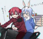  animal_ears bunny_ears chromatic_aberration container don-chan_(usada_pekora) food ground_vehicle hololive homura910210 houshou_marine hug hug_from_behind jacket long_hair long_sleeves motor_vehicle motorcycle multiple_girls pants red_hair translation_request twintails usada_pekora virtual_youtuber 