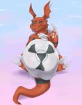  absurd_res after_vore belly big_belly claws digimon digimon_(species) duo guilmon hi_res male markings nummynumz overweight red_body simple_background tongue tongue_out vore 