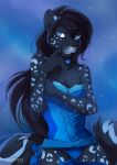  2016 accessory alena_(kaelleon) anthro aurora_borealis biped black_body black_fur black_hair blue_body blue_clothing blue_eyes blue_fur blue_legwear blue_lingerie blue_panties blue_stockings blue_underwear breasts bustier choker cleavage clothed clothing covering covering_breasts covering_self digital_media_(artwork) felid female finger_to_mouth fur garter_straps hair hair_accessory hand_on_own_breast jewelry legwear leopard_spots lingerie long_hair looking_away lycangel mammal medium_breasts melanistic necklace night outside pantherine panties pinup portrait pose rosettes skimpy sky smile snow_leopard solo spots spotted_body spotted_fur standing star starry_sky stockings three-quarter_portrait underwear 