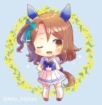  1girl ;d animal_ears aqua_bow bangs blue_background blue_bow blue_shirt blush bow brown_eyes brown_footwear brown_hair chibi commentary_request eyebrows_visible_through_hair floral_background full_body hair_bow horse_ears horse_girl horse_tail king_halo_(umamusume) kouu_hiyoyo long_hair one_eye_closed open_mouth pleated_skirt school_uniform shirt shoes short_sleeves skirt smile solo sparkle standing tail thighhighs tracen_school_uniform twitter_username umamusume white_legwear white_skirt 