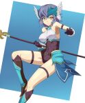  1girl absurdres armor bangs belt blue_hair blue_skirt boots breasts brown_eyes character_request clam_curry closed_mouth commentary_request covered_navel gloves highres holding holding_weapon looking_at_viewer medium_breasts seiken_densetsu seiken_densetsu_3 short_hair simple_background skirt solo thigh_strap weapon 