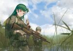  2girls absurdres alternate_costume bangs blush breasts closed_mouth day g28_(girls_frontline) girls_frontline green_hair gun h&amp;k_g28 hair_ornament hat highres holding holding_gun holding_weapon in_water long_hair military military_hat military_uniform multiple_girls no_hat no_headwear outdoors red_eyes smile soldier thumbs_up uniform wan&#039;eno weapon 