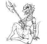  anthro bottomless clothed clothing drauk ever_oasis female genitals guoh halberd hi_res melee_weapon miura monochrome nintendo open_mouth open_smile polearm pussy scalie simple_background sitting smile solo video_games weapon white_background 