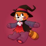  2019 ambiguous_gender anthro auria_jansson bewear bottomless brown_body brown_fur cheek_spots clothed clothing costume fangs fur gynomorph_(lore) halloween happycrumble hat headgear headwear hi_res holidays magic_user mammal nintendo orange_body orange_fur pawpads pok&eacute;mon pok&eacute;mon_(species) red_background shiny_pok&eacute;mon simple_background solo striped_tail stripes trans_(lore) trans_woman_(lore) ursid vampire video_games witch witch_hat 