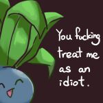  2021 ambiguous_gender brown_background dialogue english_text nintendo nohtuy18 oddish open_mouth pok&eacute;mon pok&eacute;mon_(species) profanity reaction_image simple_background solo text video_games 