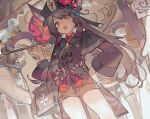  1girl 6+others animal_ear_fluff animal_ears black_headwear blurry bow brown_coat brown_hair chinese_clothes coat depth_of_field ears_through_headwear eyebrows_visible_through_hair flower flower-shaped_pupils from_below genshin_impact ghost hair_ribbon hand_on_hip hand_up hat hat_flower holding holding_pipe hu_tao jewelry long_hair multiple_others noco_(pixiv14976070) one_eye_closed open_mouth pipe red_eyes ribbon ring short_shorts shorts smile smoke solo_focus standing striped striped_bow tailcoat 
