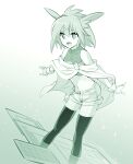  1girl animal_ears bare_shoulders cloak collarbone eyebrows_visible_through_hair fingerless_gloves gloves green_theme gundam hair_between_eyes haro highres ishiyumi monochrome navel personification short_hair shorts solo thighhighs wrist_cuffs 