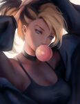  1girl akali arms_up black_hair blonde_hair blue_eyes breasts bubble_blowing chewing_gum cleavage ear_piercing eyeshadow gweni jacket k/da_(league_of_legends) large_breasts league_of_legends long_hair looking_at_viewer makeup multicolored_hair open_clothes open_jacket piercing ponytail solo the_baddest_akali two-tone_hair tying_hair upper_body 