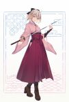  1girl ahoge arm_guards artist_name black_ribbon blonde_hair boots brown_footwear cross-laced_footwear fate/grand_order fate_(series) hair_between_eyes hakama hakama_pants highres hip_vent japanese_clothes katana kibou kimono lace-up_boots light_smile looking_at_viewer obi okita_souji_(fate) okita_souji_(fate)_(all) pink_kimono red_hakama ribbon sash smile solo sword weapon white_background wide_sleeves yellow_eyes 