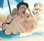  4girls amazuki_jou anchor_earrings armlet azur_lane ball bangs barefoot beach_towel beach_umbrella beachball between_breasts bicorne bikini black_bikini black_headwear bracelet breasts brown_hair cleavage closed_mouth commentary cover-up criss-cross_halter cutoffs day denim denim_shorts earrings facial_mark forehead_mark frown halterneck hat highres holding holding_ball holding_innertube innertube jean_bart_(azur_lane) jewelry knee_up large_breasts leg_hug long_hair massachusetts_(azur_lane) multiple_girls navel necklace o-ring o-ring_bikini one-piece_swimsuit open_mouth outdoors pink_swimsuit red_eyes richelieu_(azur_lane) sandals short_shorts shorts silver_hair sitting smile south_dakota_(azur_lane) standing standing_on_one_leg sun_hat swimsuit thigh_strap towel umbrella white_bikini white_headwear yuri 