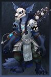  2021 absurd_res anthro armor black_body black_fur blizzard_entertainment blue_body blue_eyes blue_fur braided_hair canid chainsword claws clothing fur gnoll grey_body grey_fur hair hi_res hyaenid inner_ear_fluff invalid_tag male mammal pauldron paws skull_face solo tabard teeth tuft unknown_artist video_games warcraft were werecanid worgen 