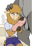  2021 alpaca anthro anthro_on_anthro balls being_watched big_penis blush bottomwear bulge camelid canid canine clothed clothing dated duo_focus erection erection_under_clothing fingers foreskin genitals group hand_on_head hi_res holding_penis hooved_fingers hooves humanoid_genitalia humanoid_penis kneeling long_foreskin looking_at_another looking_up male male/male mammal nik159 penis shirt shorts signature smile topwear trio uncut unknown_species unretracted_foreskin vein veiny_penis 