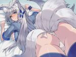  1girl ahoge alternate_costume animal_ears ass azur_lane bandages bangs bed_sheet blue_eyes breasts commentary_request eyebrows_visible_through_hair fox_ears fox_girl fox_tail from_behind from_below fundoshi hair_ornament happi highres ikemori_up japanese_clothes kyuubi large_breasts long_hair looking_at_viewer looking_back looking_down lying multiple_tails on_stomach rokushaku_fundoshi sarashi shinano_(azur_lane) sidelocks silver_hair solo tail wrist_cuffs 