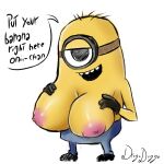  big_breasts breasts clothed clothing despicable_me drogodoggo english_text female hi_res humanoid illumination_entertainment minion_(despicable_me) nipples not_furry solo text yellow_body yellow_skin 