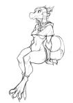  3_toes anthro bottomless breasts clothed clothing feet female furgonomics furry-specific_piercing guoh horn horn_piercing kobold navel piercing simple_background sitting solo toes under_boob white_background 
