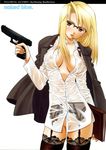  artist_request bespectacled blonde_hair book breasts brown_eyes bullet cartridge cleavage finger_on_trigger fullmetal_alchemist garter_belt glasses gun hair_down handgun highres holding holding_gun holding_weapon jacket jacket_on_shoulders lingerie long_hair medium_breasts mouth_hold no_bra no_panties no_pussy pistol riza_hawkeye see-through solo thighhighs underwear weapon 