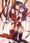  areolae ass ass_grab bed blue_eyes blush breasts brown_hair choker corset cover detached_sleeves doujinshi fate/stay_night fate_(series) feet garter_belt grabbing_another's_ass groping hair_ribbon hand_on_another's_head highres hug kneeling lace lace-trimmed_thighhighs large_breasts lingerie long_hair long_legs matou_sakura medium_breasts multiple_girls nipples no_panties non-web_source ouma_tokiichi panties purple_eyes purple_hair purple_legwear pussy_juice red_legwear red_panties ribbon siblings side-tie_panties sisters sweat thighhighs toosaka_rin topless two_side_up underwear yuri 