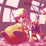  blonde_hair blush clothed_masturbation crotch_rub flandre_scarlet masturbation panties panties_around_one_leg short_hair solo stuffed_animal stuffed_toy takahero teddy_bear teddy_bear_sex touhou underwear white_panties wings 