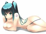  aoinagi bad_id bad_pixiv_id bikini blush breast_hold breasts green_eyes green_hair hatsune_miku hips large_breasts long_hair lowleg lowleg_bikini lying nipple_slip nipples on_side solo striped striped_bikini swimsuit tattoo topless twintails vocaloid 