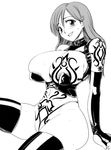  774_(nanashi) areolae bleach blush breasts collar curvy gloves greyscale huge_breasts inoue_orihime leather long_hair monochrome navel panties pubic_tattoo sitting solo sweat tattoo thighhighs thong underwear 