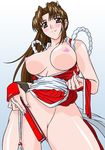  blush breasts brown_eyes brown_hair covering covering_crotch fan fatal_fury high_ponytail huge_breasts nipples pelvic_curtain ponytail rudoni shiranui_mai snk solo the_king_of_fighters 