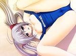  blue_eyes blush breasts dutch_angle game_cg large_breasts long_hair lying name_tag nipples nishimata_aoi on_back one-piece_swimsuit open_mouth primula pussy_juice school_swimsuit shuffle! silver_hair solo spread_legs swimsuit swimsuit_pull twintails 