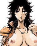  artist_request black_hair blue_eyes breasts hokuto_no_ken jewelry large_breasts lowres mamiya necklace nipples no_bra nude open_clothes open_shirt ring shirt solo 