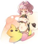  anya_alstreim between_thighs blush breasts cheese-kun code_geass elbow_gloves gloves hat medium_breasts nipples panties pink_eyes pink_hair pizza_hut prnt puffy_nipples solo striped tattoo thighhighs underwear 