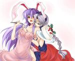  animal_ears apron blush breast_grab breasts bunny_ears cake food grabbing hand_under_clothes hand_under_shirt hat large_breasts long_hair multiple_girls naked_apron open_mouth pastry piromizu purple_hair red_eyes reisen_udongein_inaba shirt touhou white_hair yagokoro_eirin yuri 