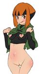  :q bangs blunt_bangs blush body_blush bottomless breasts capelet capelet_lift cleft_of_venus closed_mouth cowboy_shot crop_top cross-laced_clothes crossed_legs green_capelet hands_up hood hood_down hooded_capelet kei_(bekei) lifted_by_self long_sleeves looking_at_viewer multicolored_hair natane_(pokemon) navel nippleless_clothes nipples nude_filter orange_eyes orange_hair pokemon pokemon_(game) pokemon_dppt pussy short_hair sidelocks simple_background sketch small_breasts smile solo thigh_gap third-party_edit tongue tongue_out turtleneck two-tone_hair uncensored white_background 