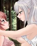  aoi_nagisa blush breasts hanazono_shizuma hayami_kyuuen kiss large_breasts multiple_girls nipples saliva saliva_trail shiny shiny_skin shirt_lift strawberry_panic! yuri 