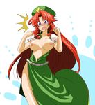  breasts china_dress chinese_clothes dress hat hong_meiling large_breasts long_hair nipples ooike_teru open_clothes open_shirt red_hair shirt solo surprised touhou wardrobe_malfunction 