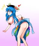  ass blue_hair food fruit hat hinanawi_tenshi long_hair no_panties peach shimanaka_arihito solo touhou 