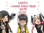  3girls animal animal_ears animal_on_head annoyed chinese_new_year chinese_zodiac confetti english_text eyepatch eyes_closed girls_frontline heterochromia m16a1_(girls_frontline) m4_sopmod_ii_(girls_frontline) multiple_girls on_head pig pig_ears pig_nose ro635_(girls_frontline) shaded_face u_nagidon year_of_the_pig 