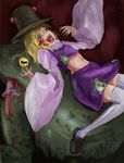  amphibian_eyes bad_end blonde_hair blood carrier_(pixiv) commentary_request crazy eyes frog guro hat horror_(theme) laughing lying midriff moriya_suwako navel ribbon riding short_hair solo thighhighs tongue touhou vore white_legwear yasaka_kanako 