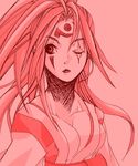  artist_request baiken breasts cleavage guilty_gear large_breasts lips monochrome one-eyed pink pink_eyes pink_hair scar scar_across_eye solo upper_body 