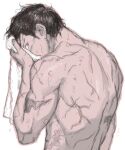  1boy absurdres black_hair brown_eyes fingernails from_behind golden_kamuy halftone highres holding holding_towel looking_back male_focus no.6_(numberr_6) nude scar short_hair simple_background solo sugimoto_saichi towel upper_body water_drop wet wet_hair white_background wiping_face 