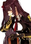 1girl azarea bangs black_gloves blunt_bangs breasts brown_eyes brown_hair closed_mouth collared_shirt commentary_request eyebrows_visible_through_hair girls_frontline gloves hair_ribbon highres lips long_hair long_sleeves looking_at_viewer necktie one_side_up red_neckwear red_ribbon ribbon shirt short_necktie sidelocks simple_background smile solo two-tone_gloves upper_body very_long_hair wa2000_(girls_frontline) white_background yellow_gloves 