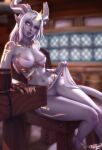  2021 areola blizzard_entertainment breasts digital_media_(artwork) draenei female genitals hair hi_res horn horned_humanoid humanoid humanoid_pointy_ears lightforged_draenei looking_at_viewer nipples not_furry one_eye_closed personalami pussy signature sitting solo video_games warcraft white_hair wink 