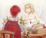  1boy 1girl armor bangs blonde_hair bowl bra breasts cape chain chainmail chair cleavage closed_eyes commentary_request eyebrows_visible_through_hair feathered_wings feathers food fried_egg from_behind gauntlets hair_feathers holding holding_tray large_breasts long_hair midriff misuguu navel open_mouth pauldrons ragnarok_online red_cape red_hair red_skirt rune_knight_(ragnarok_online) shoulder_armor sitting skirt soup spiked_pauldrons table tray underwear upper_body wanderer_(ragnarok_online) white_bra white_feathers wings 