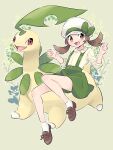  1girl :d alternate_costume bayleef blush brown_eyes brown_footwear brown_hair buttons collared_shirt commentary_request gen_2_pokemon green_ribbon green_skirt hands_up hat hat_ribbon highres long_hair looking_to_the_side lyra_(pokemon) open_mouth pokemon pokemon_(creature) pokemon_(game) pokemon_hgss pumpkinpan ribbon shirt shoes skirt sleeves_past_elbows smile socks suspender_skirt suspenders tongue twintails w_arms white_headwear white_legwear yellow_shirt 